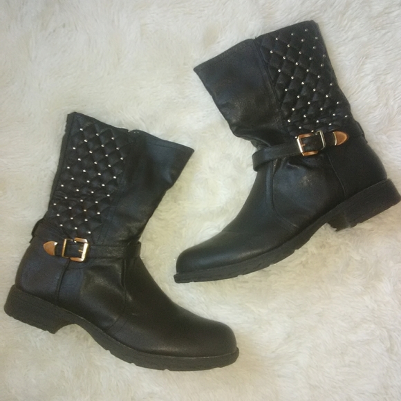 Bumper Shoes - Woman's Black Bumper Buckle Studded Boots Bumper Shoes - Woman's Black Bumper Buckle Studded Boots